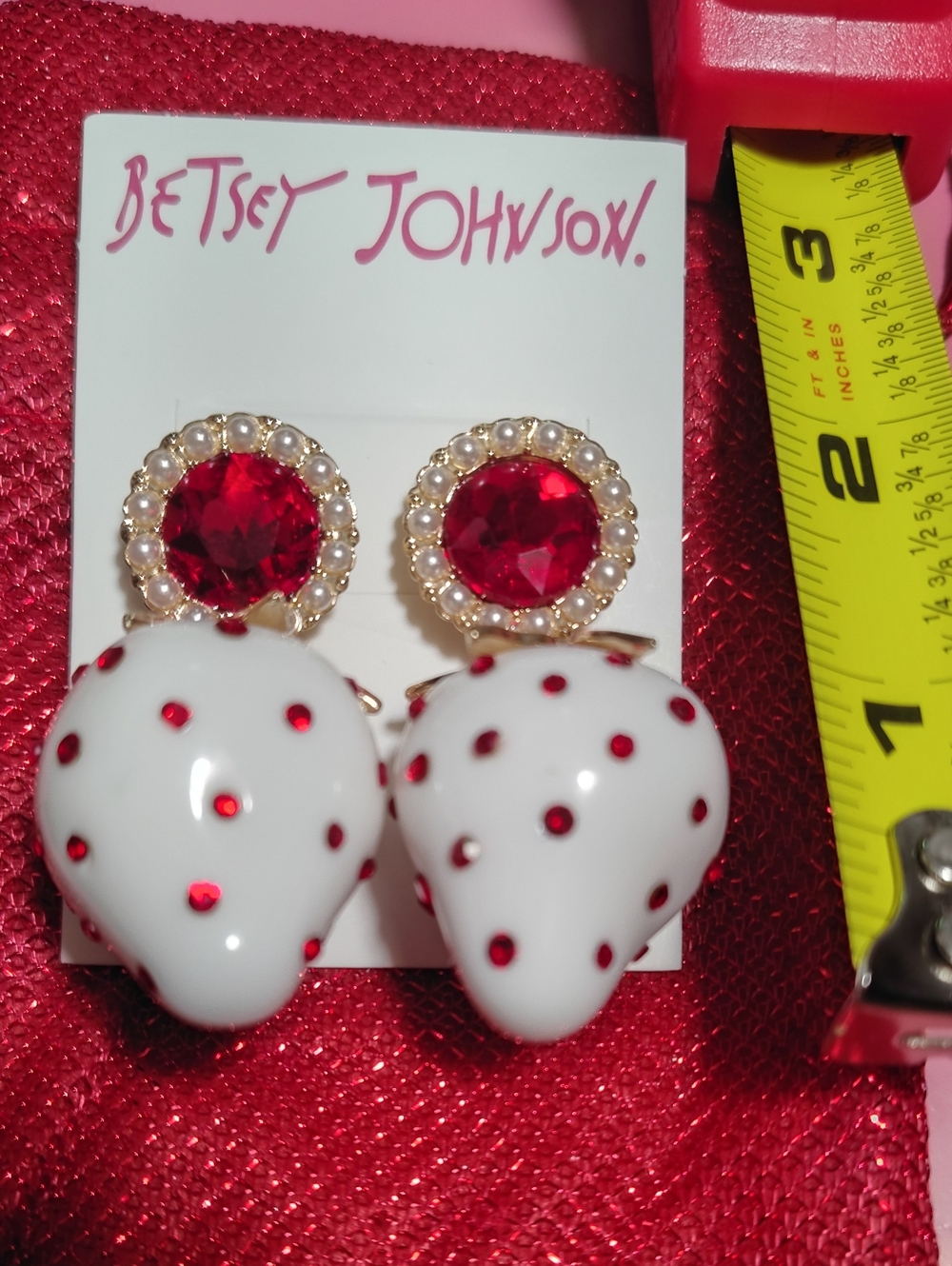 Betsey Johnson White & Red Polka Dot Strawberry Drop Earrings